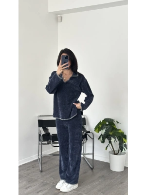 Lacivert Dikiş Detaylı Şönil Kadife Takım