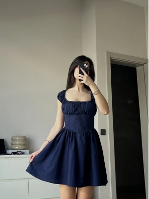 Lacivert Düğme Detay Korse Bel Kloş Kısa Elbise