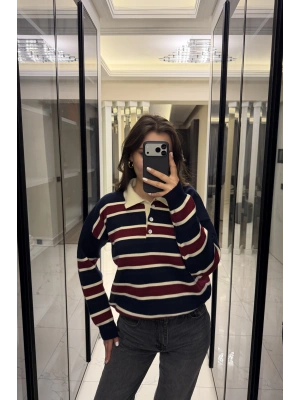 Lacivert Düğmeli Polo Yaka Çizgili Triko Kazak