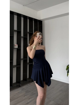 Lacivert Freya Straplez Asimetrik Elbise
