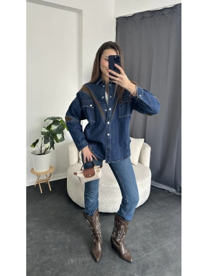 Lacivert Kahve Detay Tasarım Kot Ceket