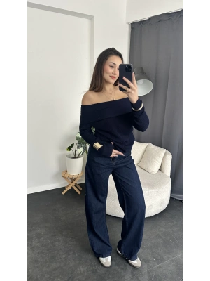 Lacivert Kayık Yakalı Salaş Kazak