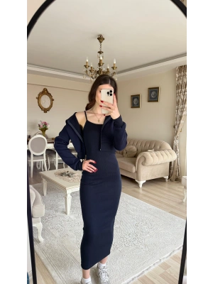 Lacivert Lavin Hırka Elbise 2’li Takım