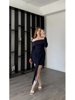 Lacivert Mery Kuşak Detaylı Madonna Elbise