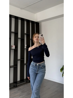 Lacivert Paloma Düşük Omuzlu İspanyol Kol Bluz