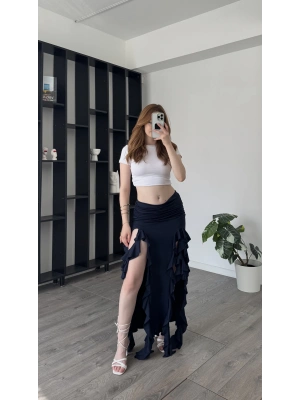 Lacivert Pinna Fırfır Yırtmaçlı Etek