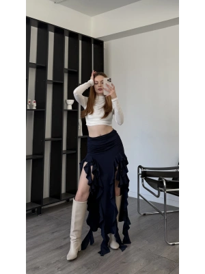 Lacivert Pinna Tasarım Fırfır Yırtmaçlı Etek