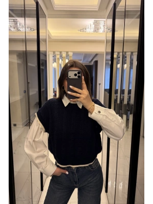 Lacivert Saç Örgülü Triko Süveter