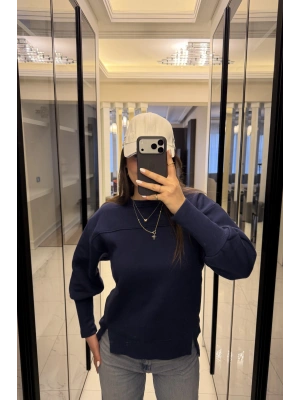 Lacivert Tara Kol Detaylı Basic Sweatshirt