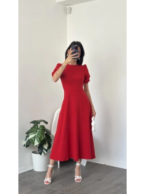 Lara Kırmızı Balon Kol Elbise