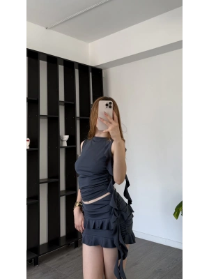 Linda Antrasit Fırfır Detaylı Tasarım 2’li Takım