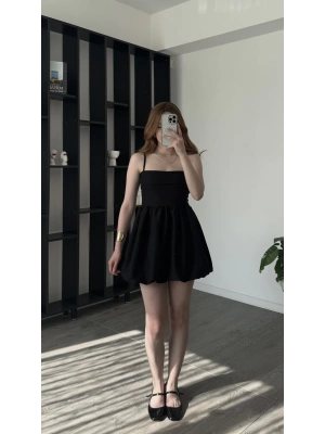 Loya Siyah Katlama Detay Balon Elbise