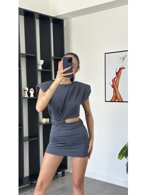 Lucia Antrasit Bel Detay Vatkalı Elbise