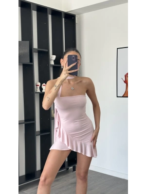 Lucy Pembe Şal Detaylı Straplez Fırfır Elbise