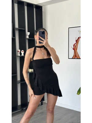 Lucy Siyah Şal Detaylı Straplez Fırfır Elbise
