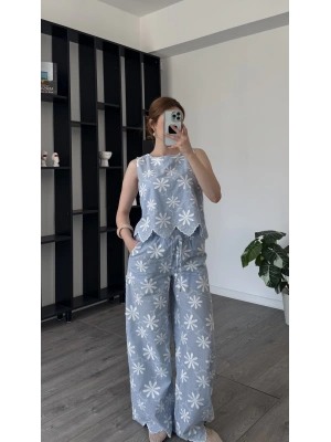 Luva Mavi Çiçek Aplikeli Takım