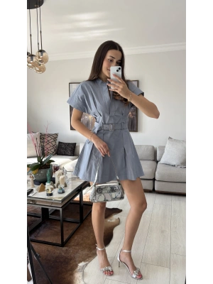 Mavi Alexa Kemerli Pileli Elbise