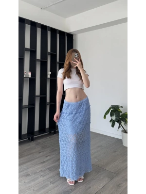 Mavi Cenny Güpürlü Astarlı Etek