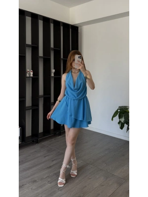Mavi Chloe Degaje Yakalı Şortlu Volan Elbise