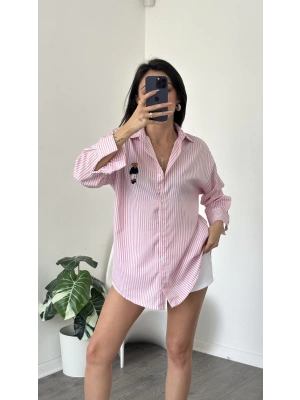 Pembe Çizgi Desen Oversize Teddy Gömlek