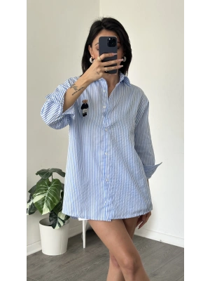 Mavi Çizgi Desen Oversize Teddy Gömlek