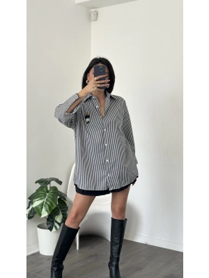 Siyah Çizgi Desen Oversize Teddy Gömlek