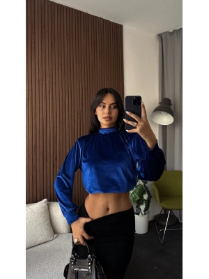 Mavi Dik Yakalı Kadife Bluz