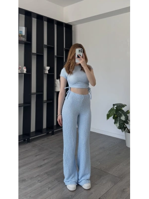 Mavi Fulia Çift Büzgülü Gofre Takım