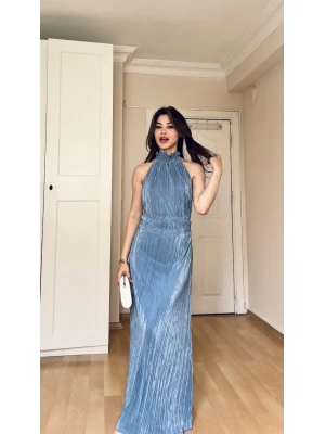 Mavi Halter Hakalı Sırt Dekolte Piliseli Elbise