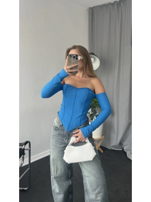 Mavi Korse Görünümlü Straplez Bluz