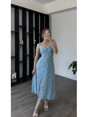 Mavi Lorena Kurdele Askılı Çiçekli Elbise