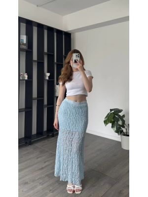 Mavi Pia Güpürlü Astarlı Etek