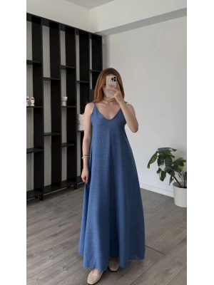 Mavi Sindy Askılı Salaş Elbise
