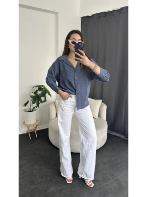 Mavi Tek Cep Detay Oversize Gömlek