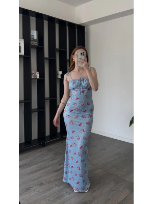 Mavi Viola Çiçek Desenli Elbise