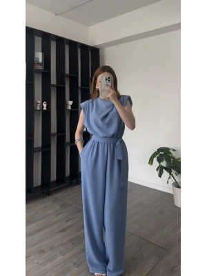 Mavi Vivi Kuşaklı Vatkalı Tulum