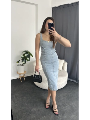 Mavi Yırtmaç Detaylı Kalem Denim Elbise