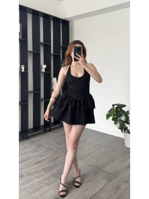 Melisa Siyah Katlı Boyundan Bağlamalı Elbise