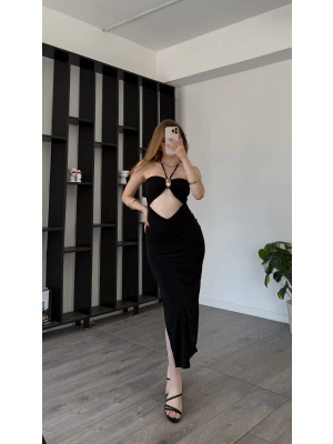 Moana Siyah Gold Broşlu Dekolteli Elbise