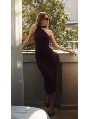 Mürdüm Tally Şal Detaylı Kalem Elbise