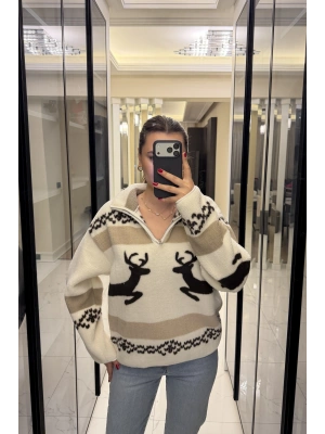 Oys Marka Beyaz Geyikli Peluş Sweatshirt