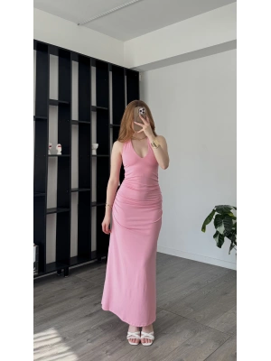 Pembe Aliz Sırt Dekolteli Elbise
