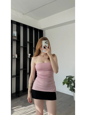 Pembe Belinda Yırtmaçlı Straplez Bluz