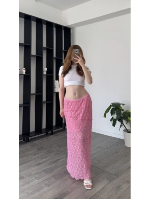 Pembe Cenny Güpürlü Astarlı Etek