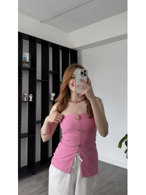 Pembe Elsa Broşlu Straplez Bluz