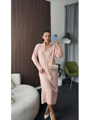 Pembe Fermuar Yakalı Triko Uzun Elbise