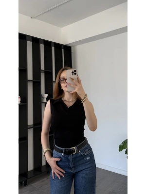 Siyah Holly Polo Yaka Basic Bluz