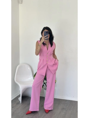 Pembe Nitsa Gold Düğme Detay Takım