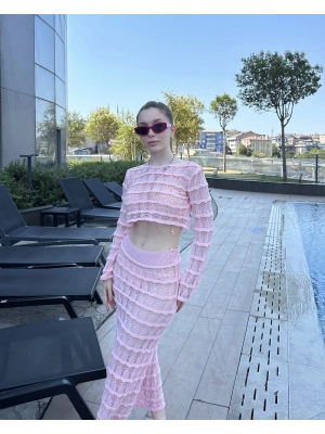 Pembe Sunny Örgü Pareo Takım