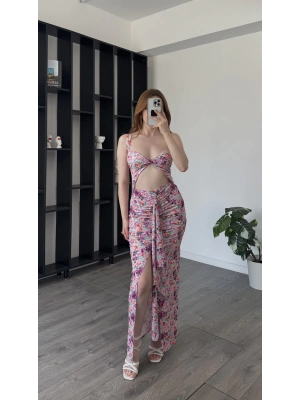 Pembe Suzy Kuplu Çiçek Desenli Elbise